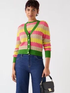 LK Bennett Pink, Yellow & Green Striped V-Neck Cotton Cardigan